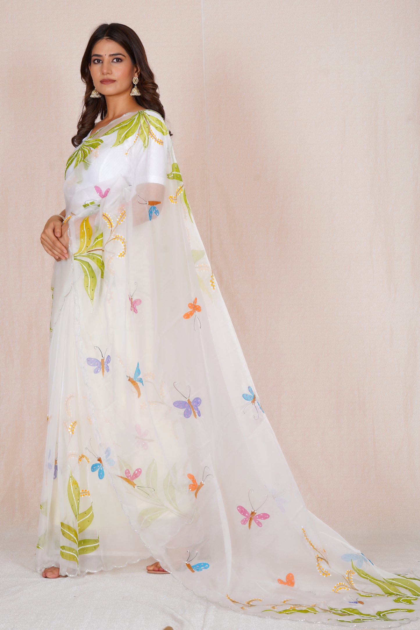 Basant – White Floral Saree with Green Accents