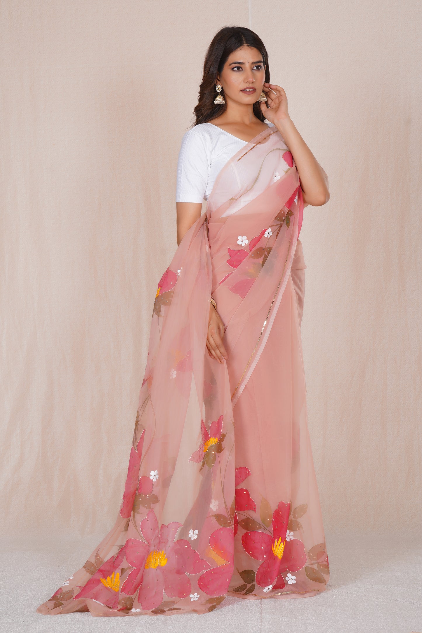 Niharika Pink – Hand-Painted Organza Saree