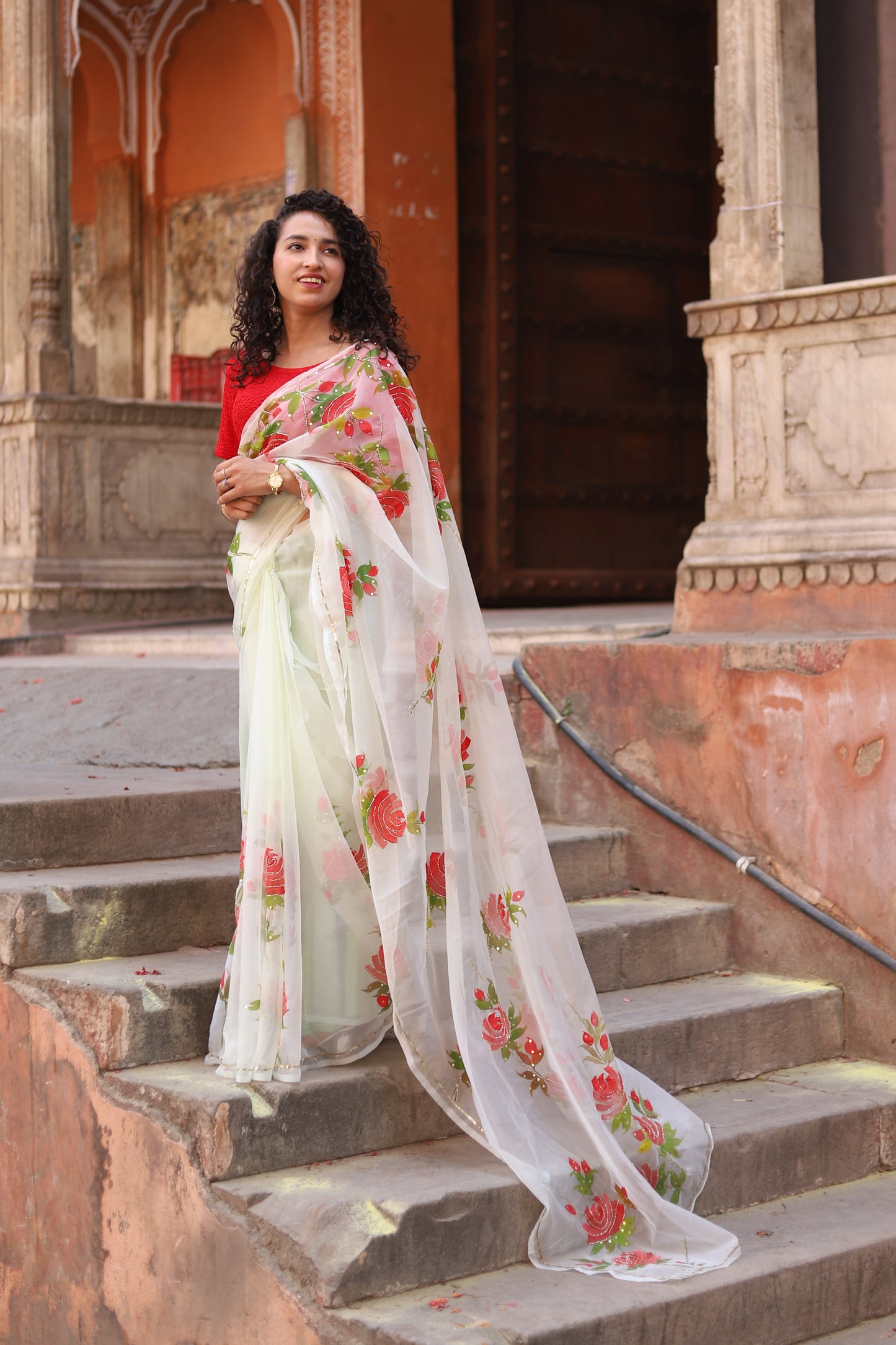 Rose – Hand-Painted Organza Saree