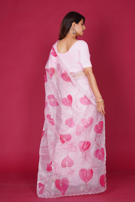 Leaf Organza – White Saree with Pink Leaf Motifs