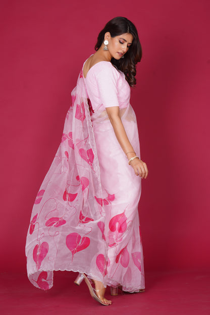 Leaf Organza – White Saree with Pink Leaf Motifs