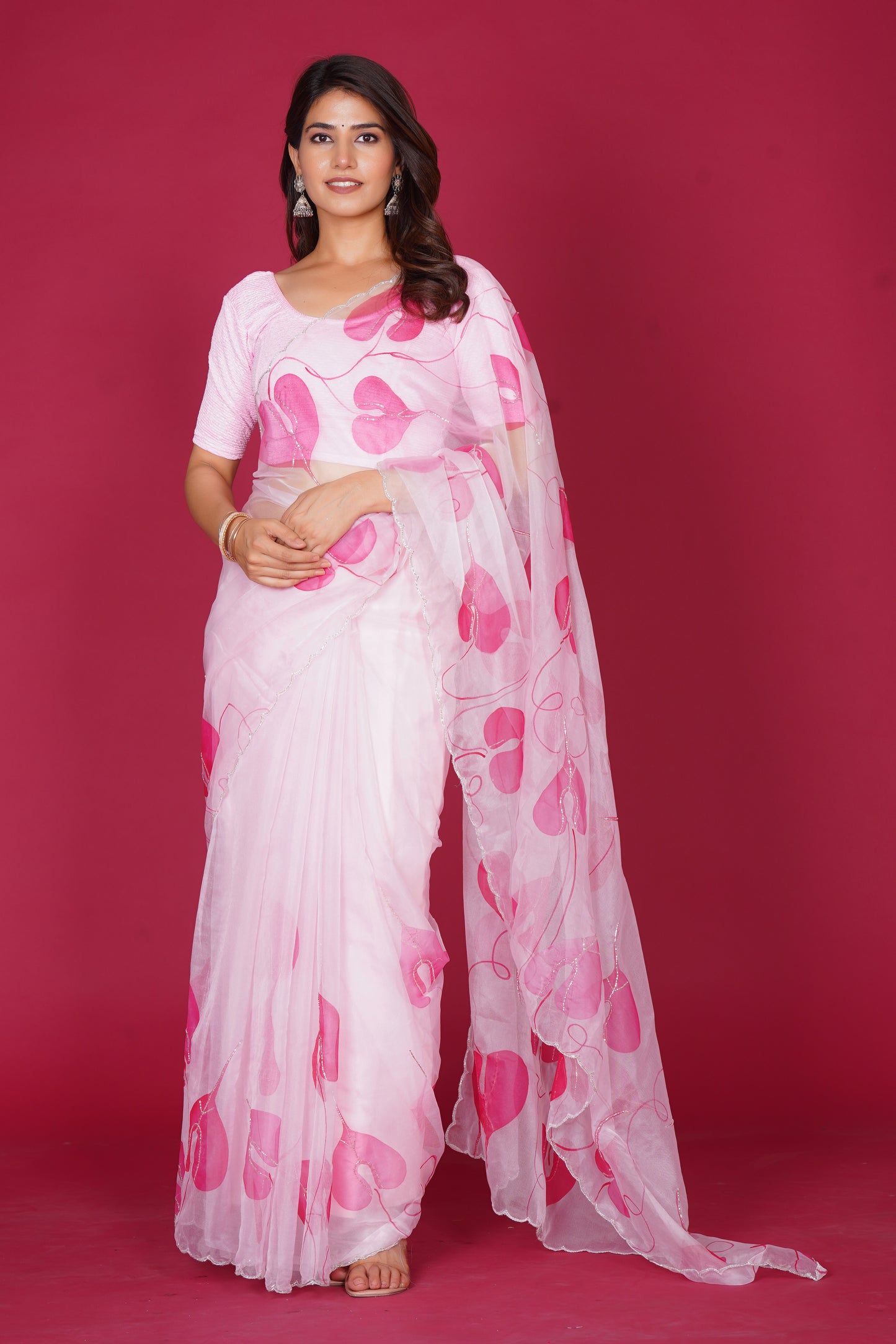 Leaf Organza – White Saree with Pink Leaf Motifs