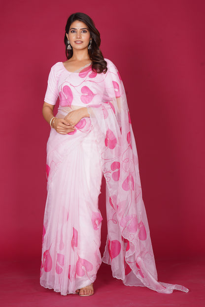 Leaf Organza – White Saree with Pink Leaf Motifs