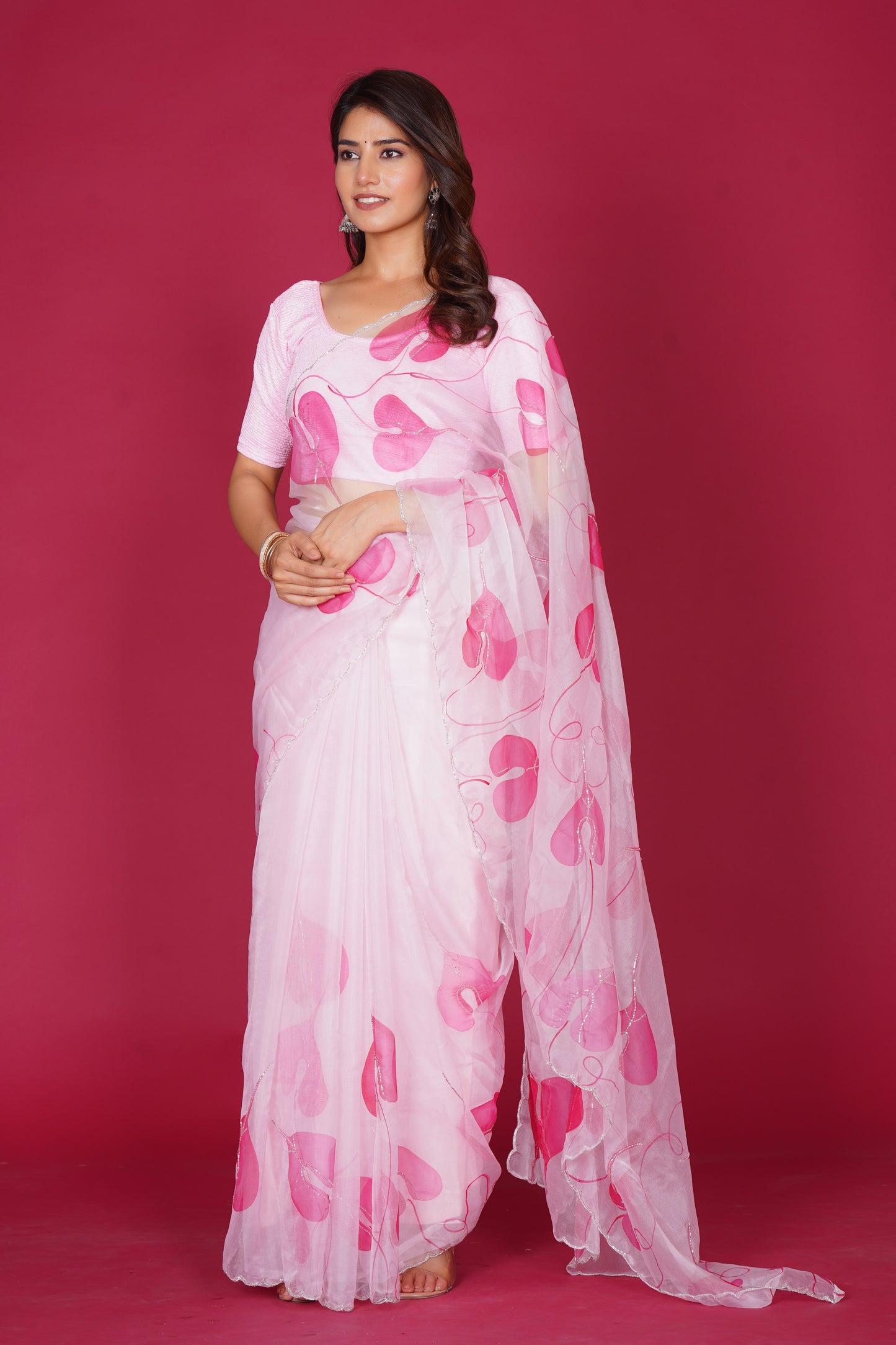 Leaf Organza – White Saree with Pink Leaf Motifs