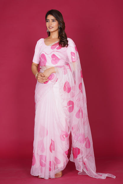 Leaf Organza – White Saree with Pink Leaf Motifs