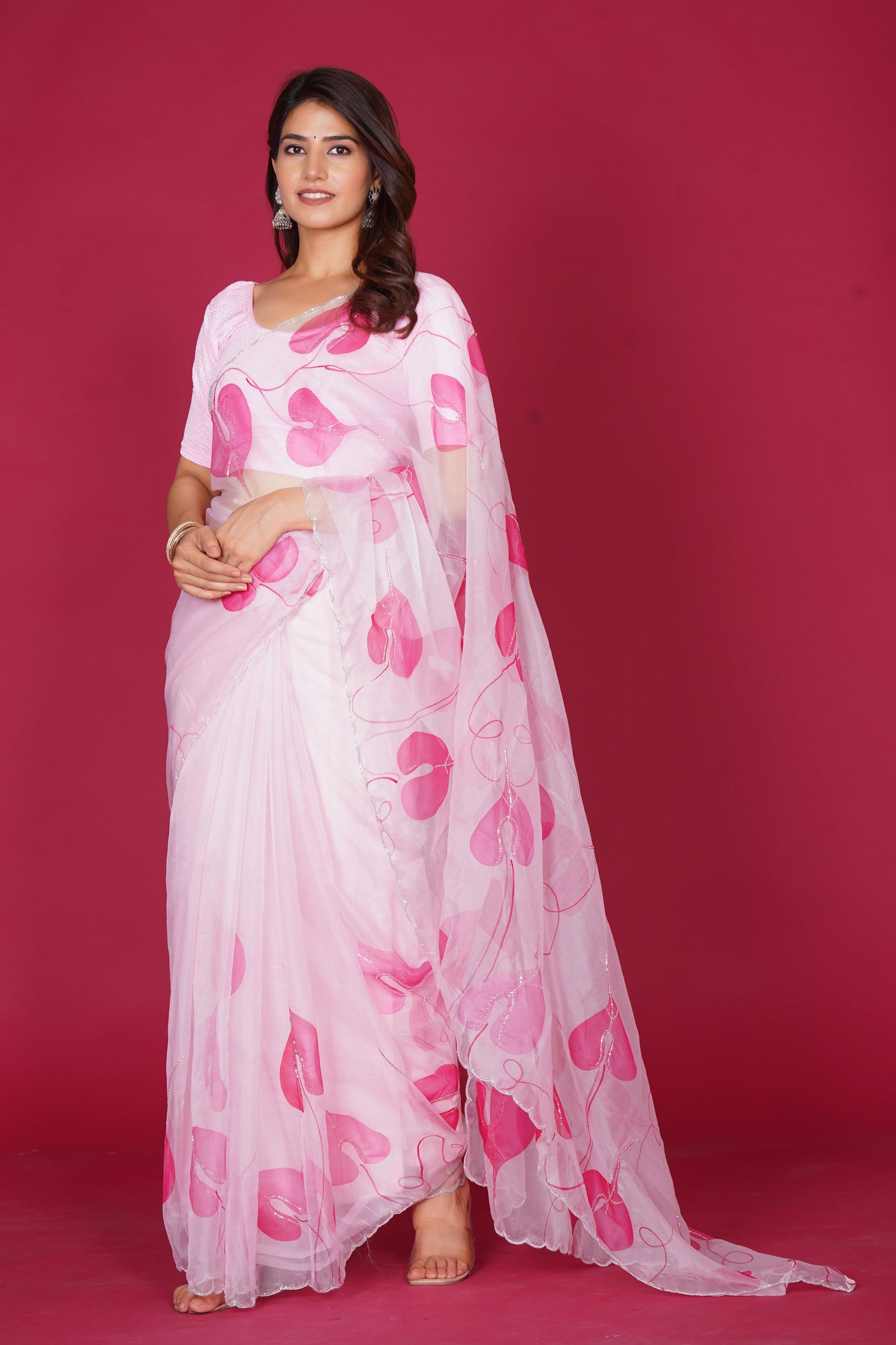 Leaf Organza – White Saree with Pink Leaf Motifs