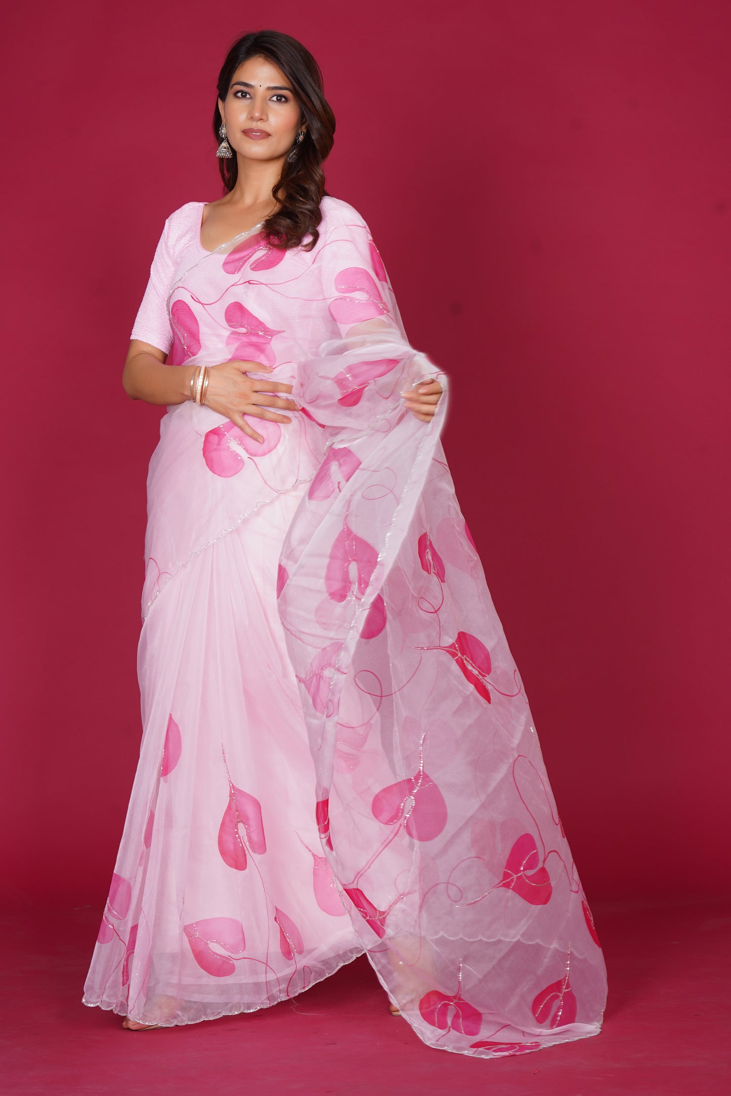 Leaf Organza – White Saree with Pink Leaf Motifs