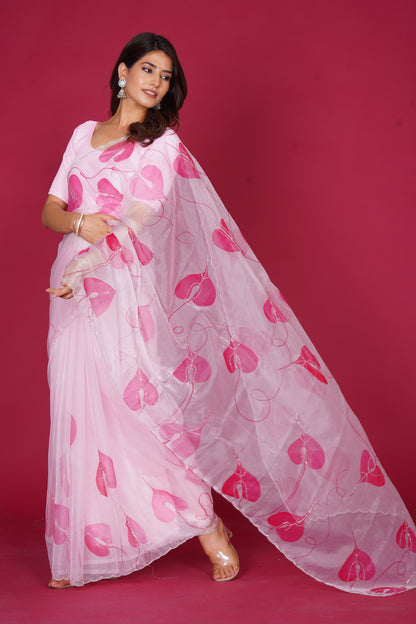 Leaf Organza – White Saree with Pink Leaf Motifs