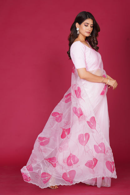 Leaf Organza – White Saree with Pink Leaf Motifs