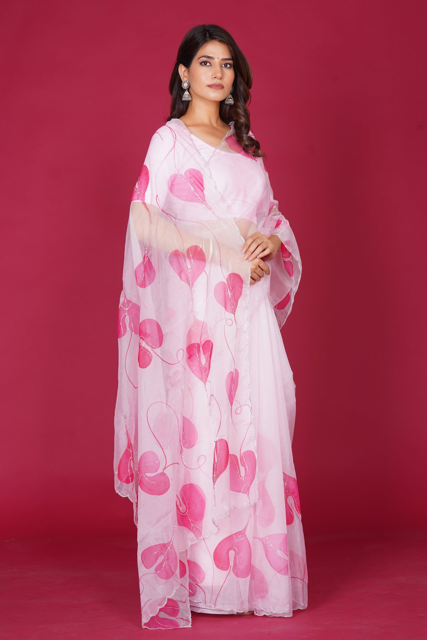 Leaf Organza – White Saree with Pink Leaf Motifs