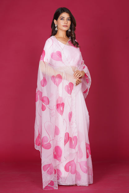 Leaf Organza – White Saree with Pink Leaf Motifs