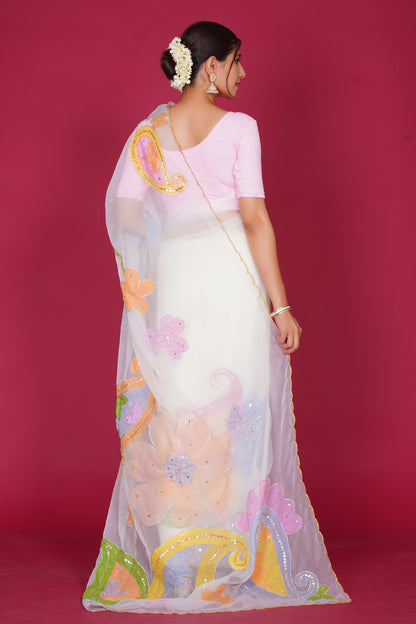 Gull Bahar – White Saree with Pastel Floral Motifs 🌸