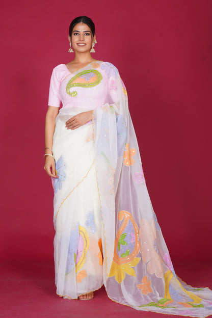 Gull Bahar – White Saree with Pastel Floral Motifs 🌸
