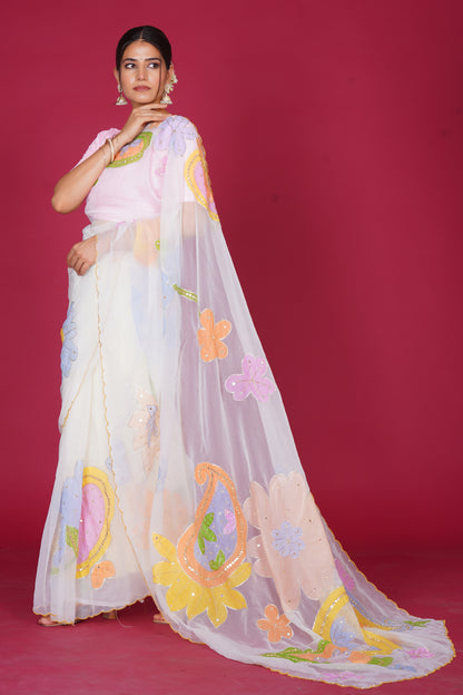 Gull Bahar – White Saree with Pastel Floral Motifs 🌸