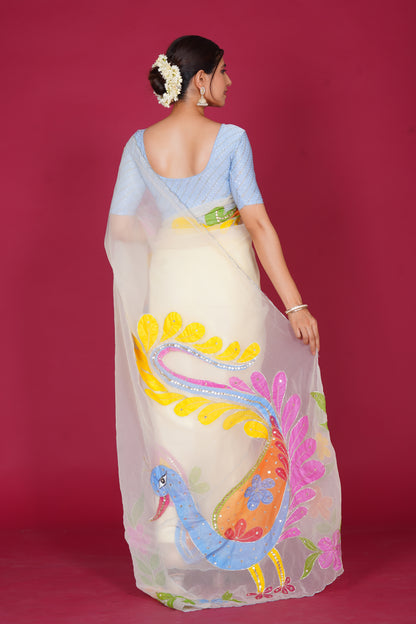 Falguni – White Saree with Peacock Motif