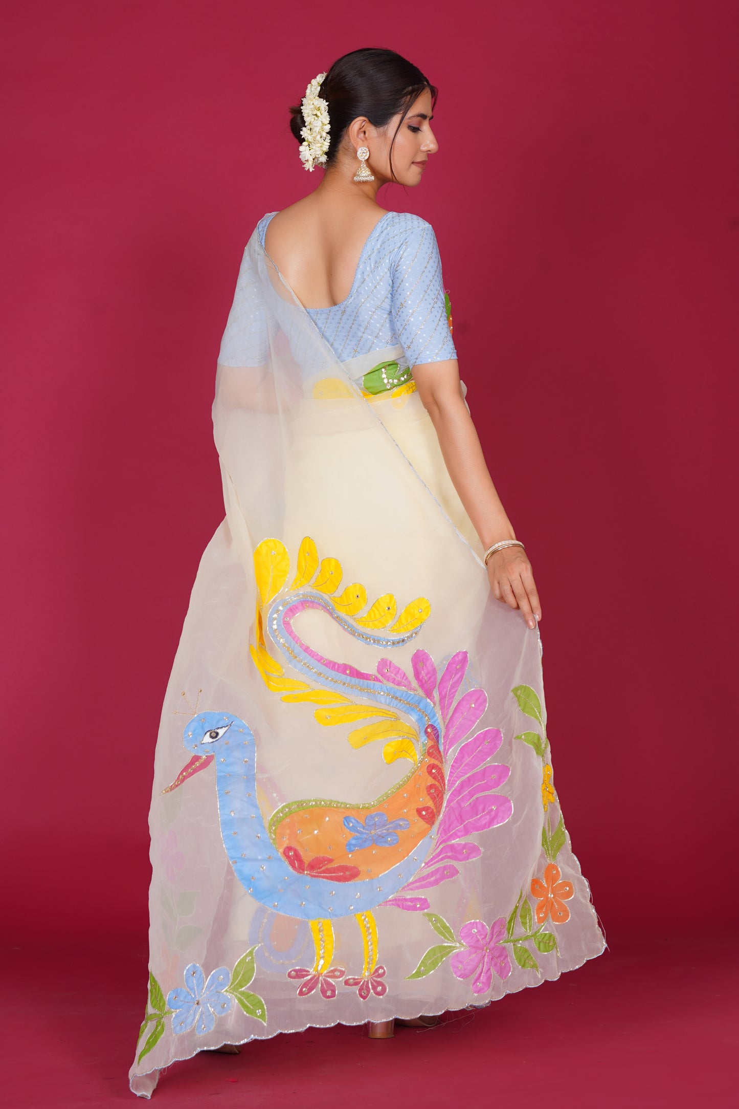 Falguni – White Saree with Peacock Motif