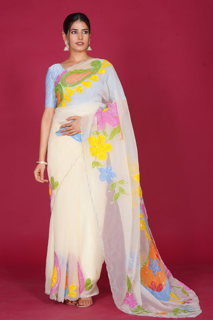 Falguni – White Saree with Peacock Motif
