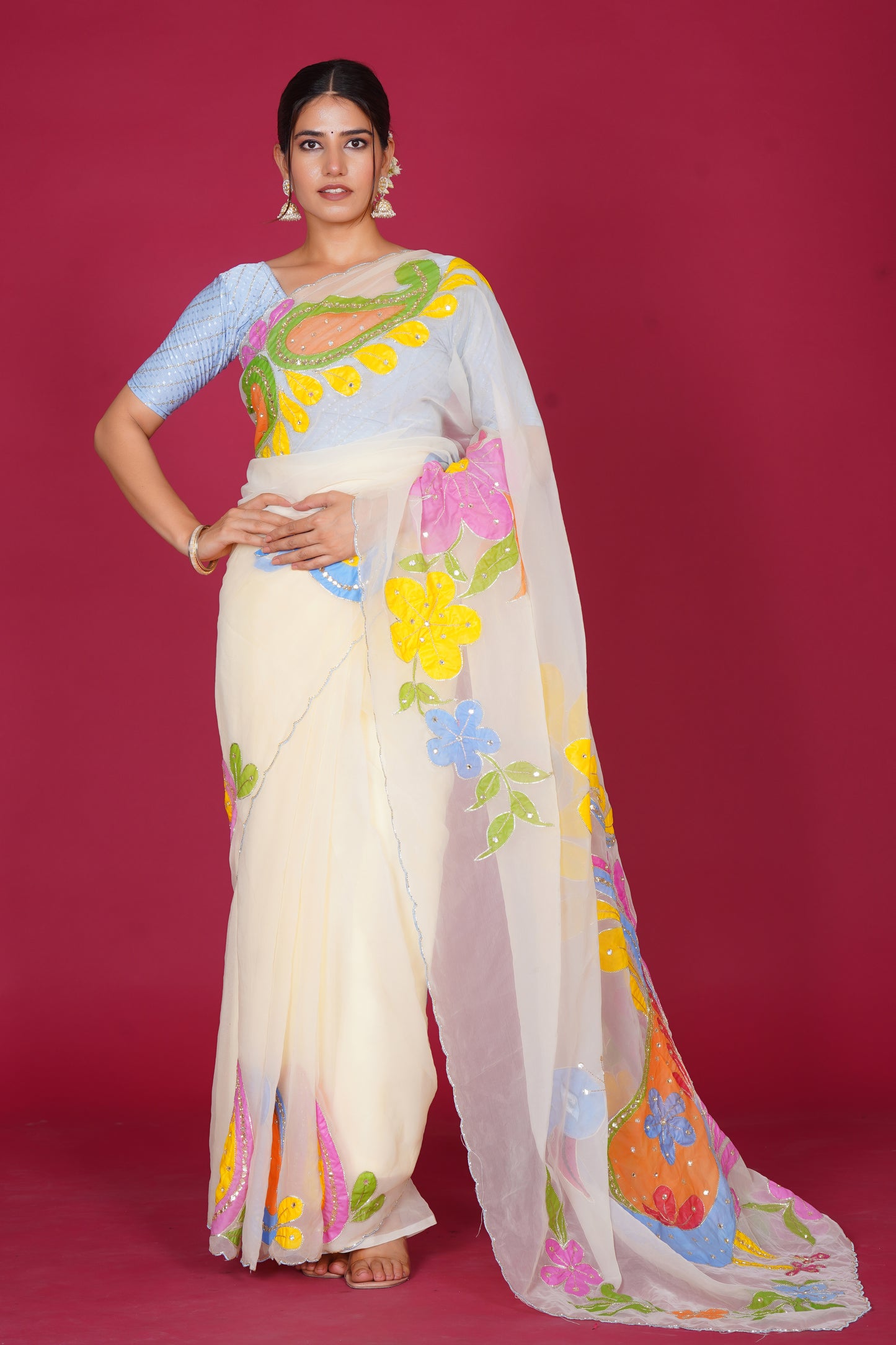 Falguni – White Saree with Peacock Motif