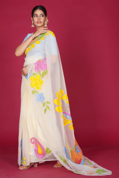 Falguni – White Saree with Peacock Motif