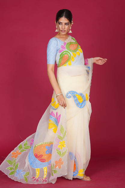 Falguni – White Saree with Peacock Motif
