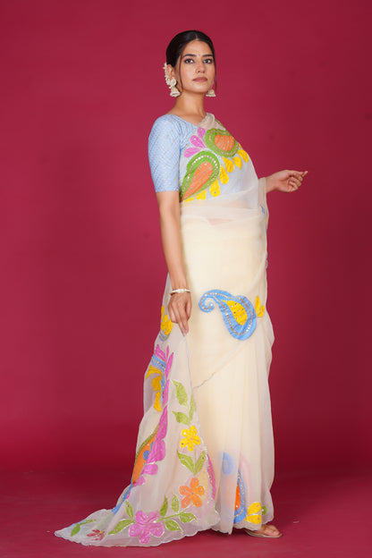 Falguni – White Saree with Peacock Motif