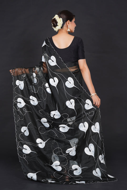 White Leaf – Black Saree with White Leaf Motifs