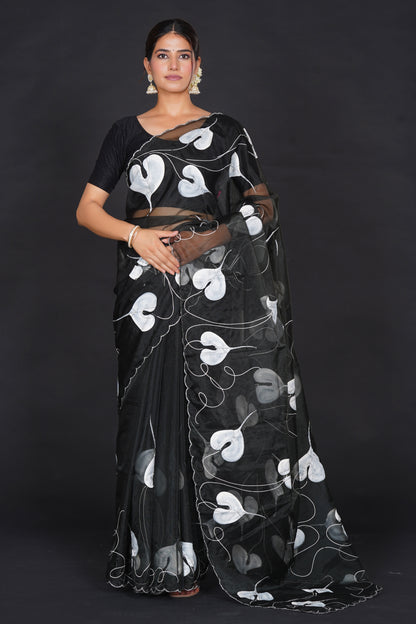 White Leaf – Black Saree with White Leaf Motifs