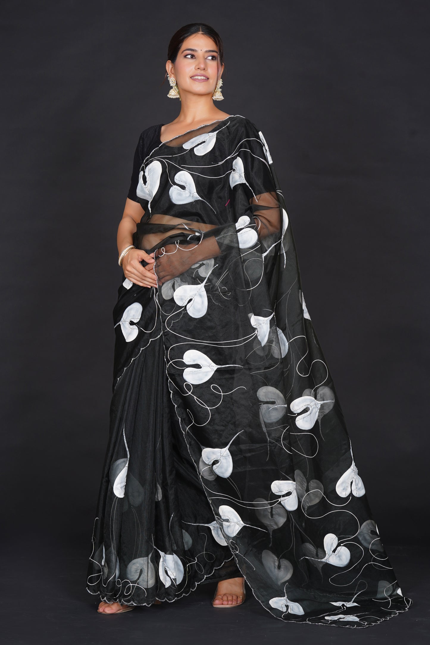 White Leaf – Black Saree with White Leaf Motifs