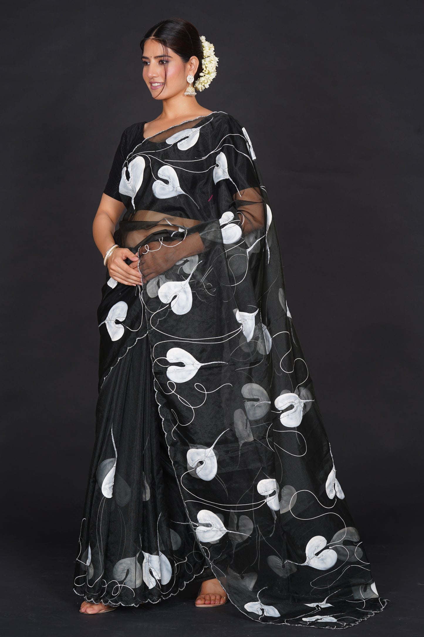 White Leaf – Black Saree with White Leaf Motifs