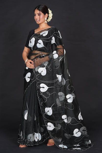 White Leaf – Black Saree with White Leaf Motifs