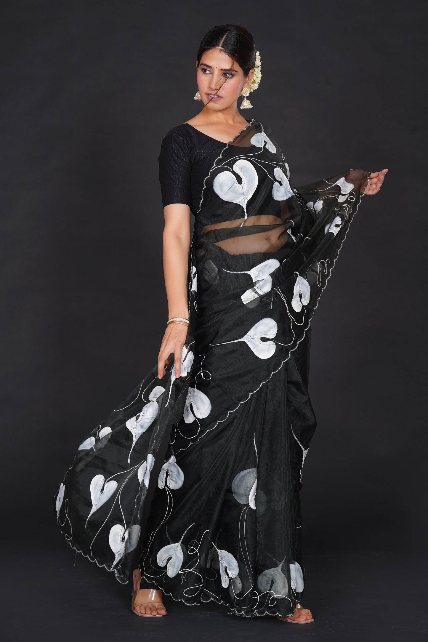 White Leaf – Black Saree with White Leaf Motifs