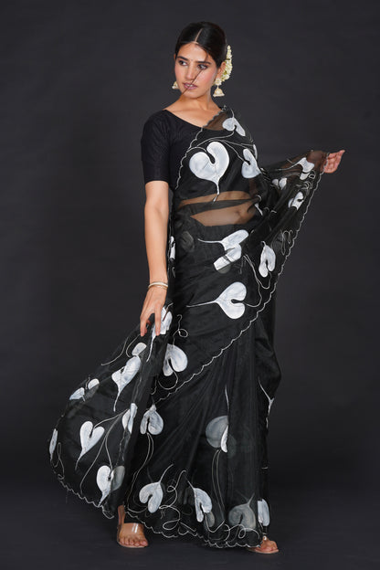 White Leaf – Black Saree with White Leaf Motifs