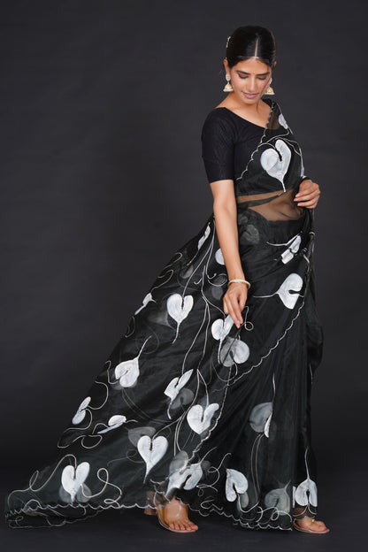 White Leaf – Black Saree with White Leaf Motifs