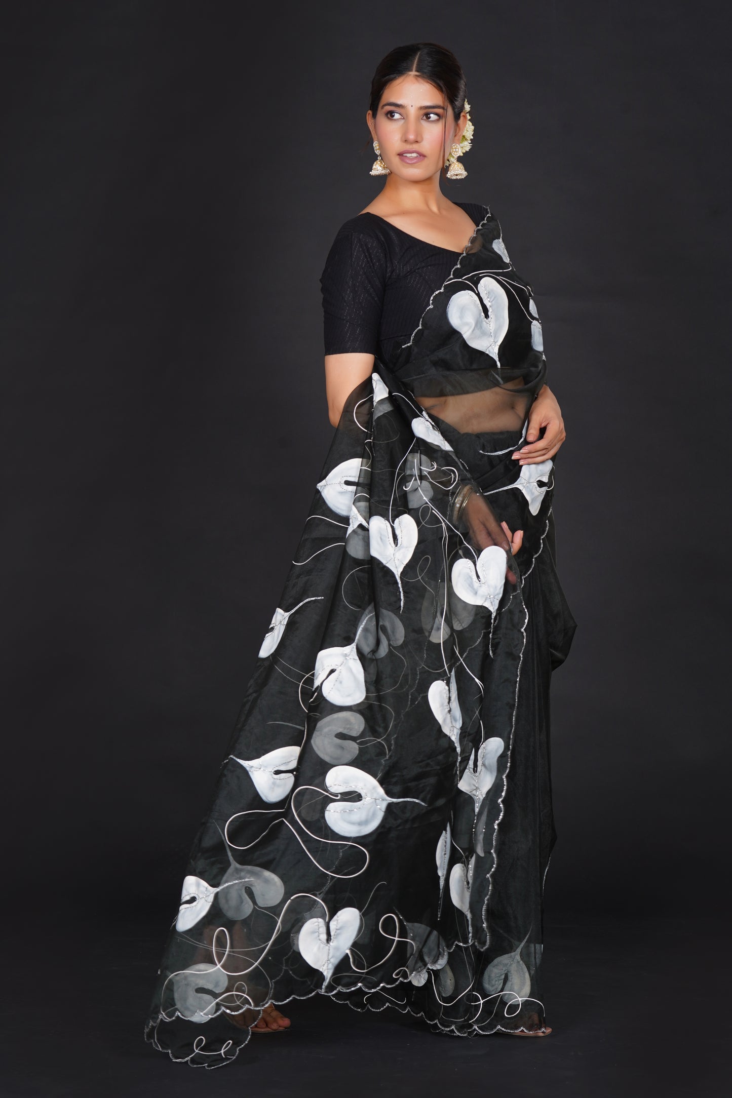 White Leaf – Black Saree with White Leaf Motifs