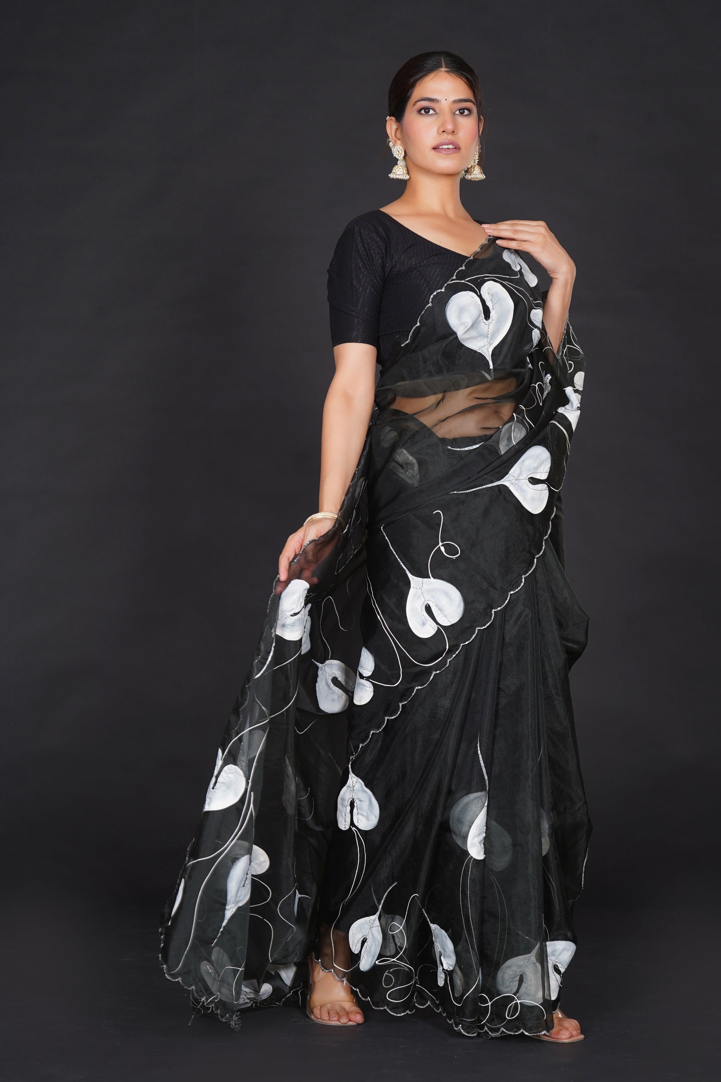 White Leaf – Black Saree with White Leaf Motifs