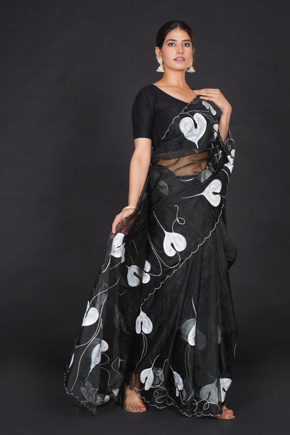 White Leaf – Black Saree with White Leaf Motifs