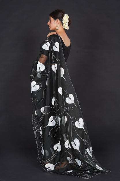 White Leaf – Black Saree with White Leaf Motifs