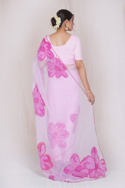 Baby Pink Organza Saree with Oversized Fuchsia Floral Appliqué