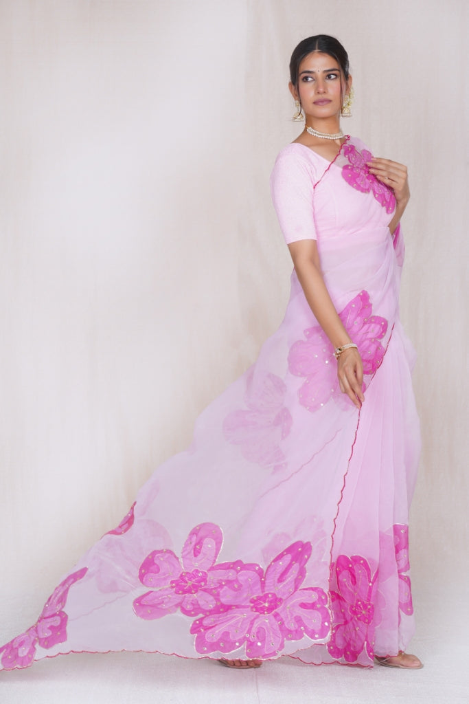 Baby Pink Organza Saree with Oversized Fuchsia Floral Appliqué