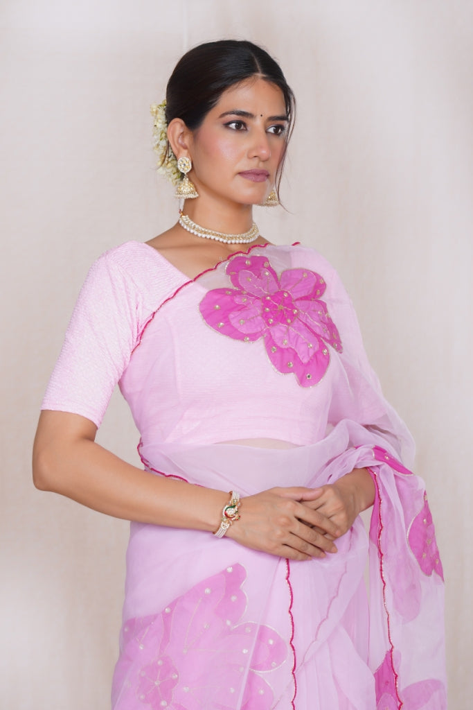 Baby Pink Organza Saree with Oversized Fuchsia Floral Appliqué