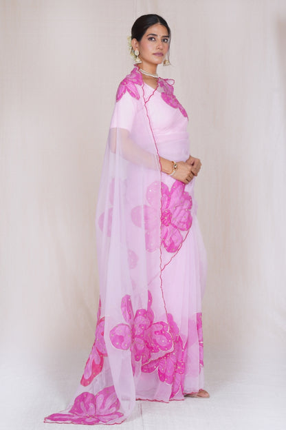 Baby Pink Organza Saree with Oversized Fuchsia Floral Appliqué