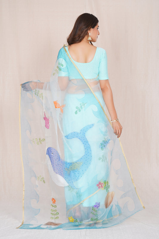 Ocean – Hand-Painted Organza Saree