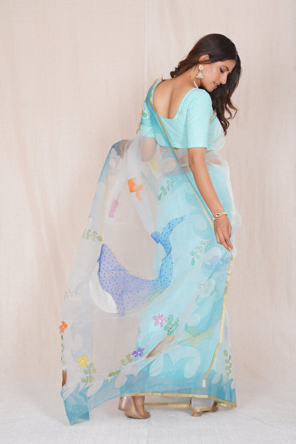 Ocean – Hand-Painted Organza Saree