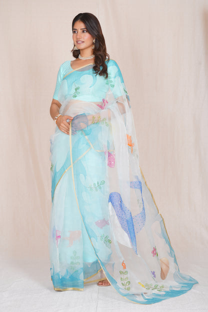 Ocean – Hand-Painted Organza Saree
