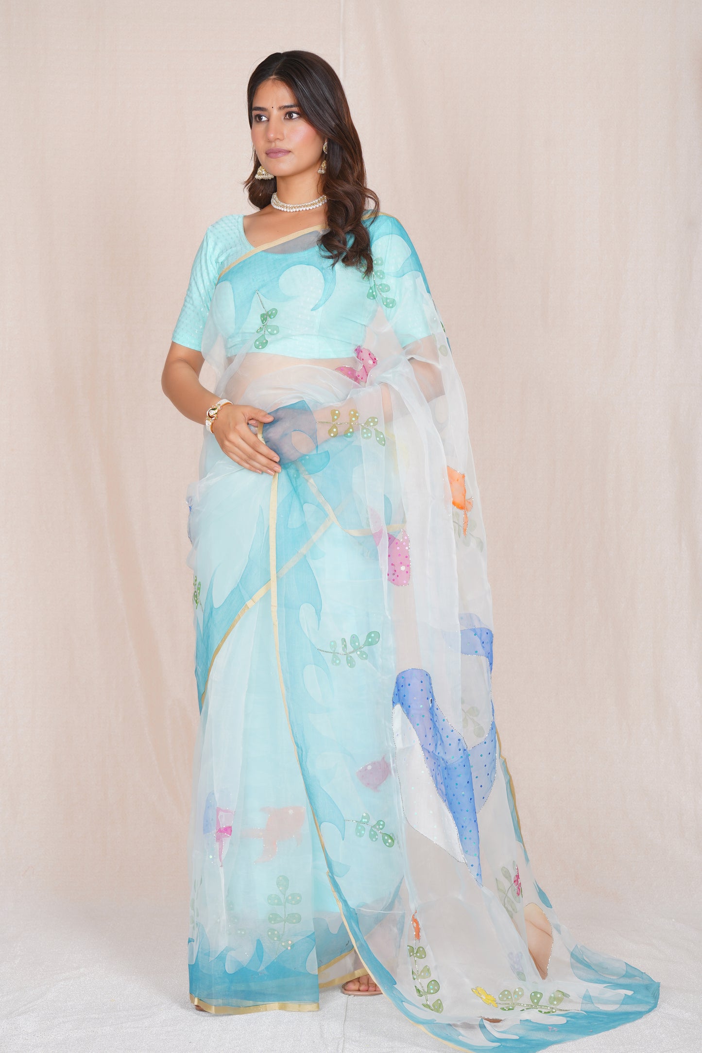 Ocean – Hand-Painted Organza Saree