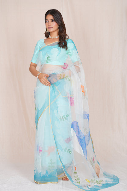 Ocean – Hand-Painted Organza Saree