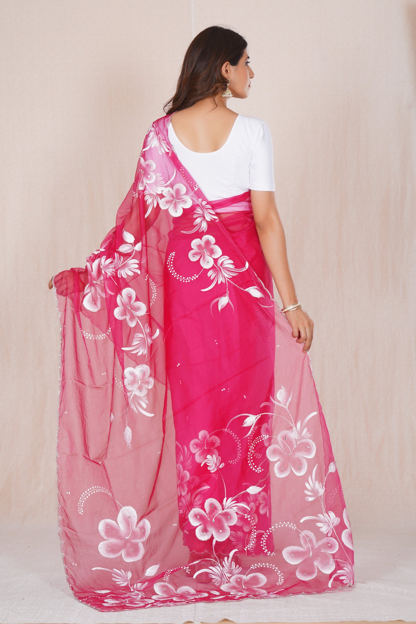 Gudhal Pink – Hand-Painted Organza Saree