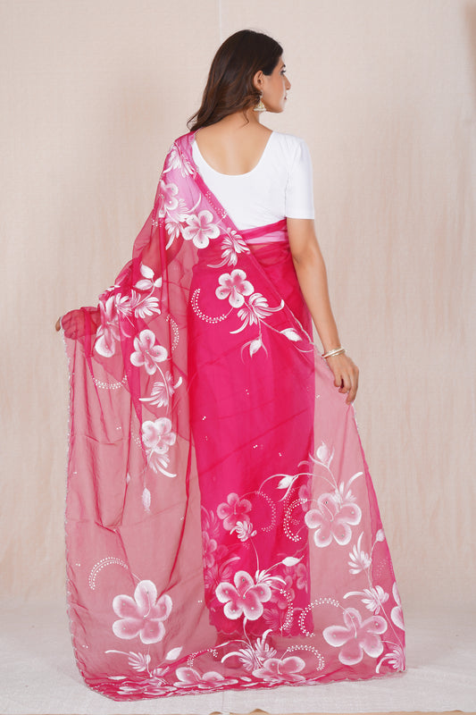Gudhal Pink – Hand-Painted Organza Saree