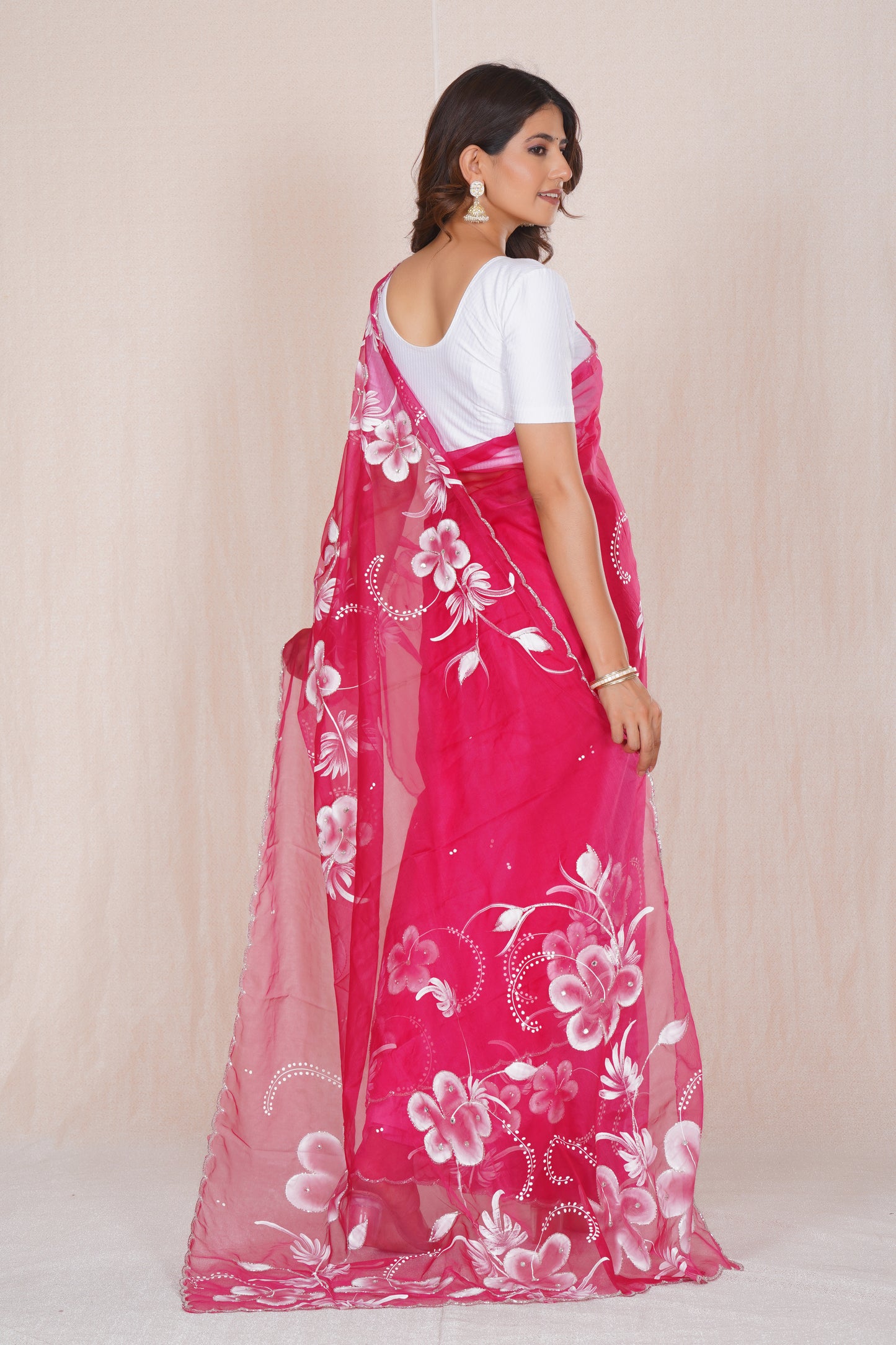 Gudhal Pink – Hand-Painted Organza Saree