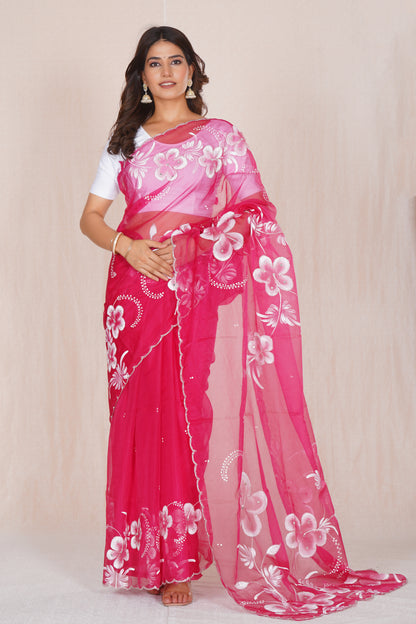Gudhal Pink – Hand-Painted Organza Saree